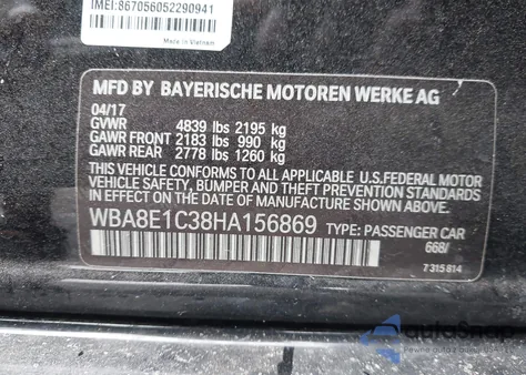 2017 BMW 330E Iperformance from USA, damaged, VIN WBA8E1C38HA156869